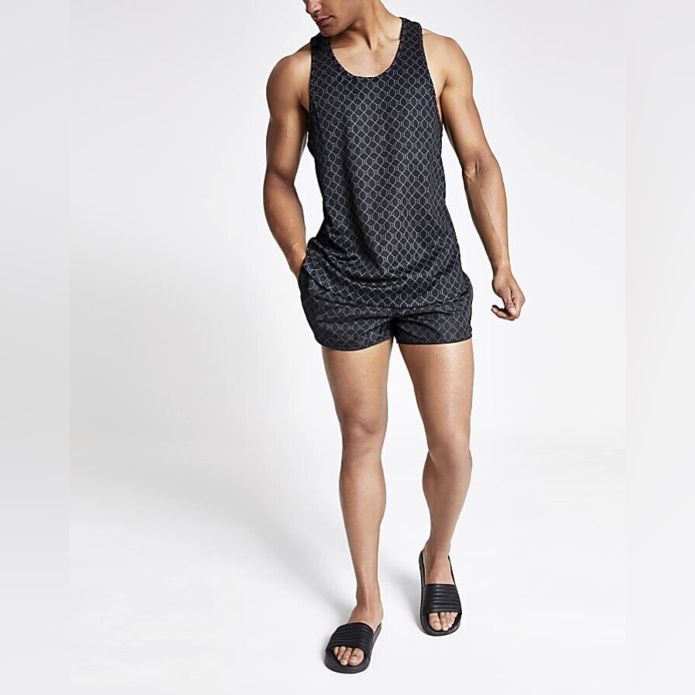 River Island Mens Black RI Monogram Racer Slim Fit Mesh Tank Top
